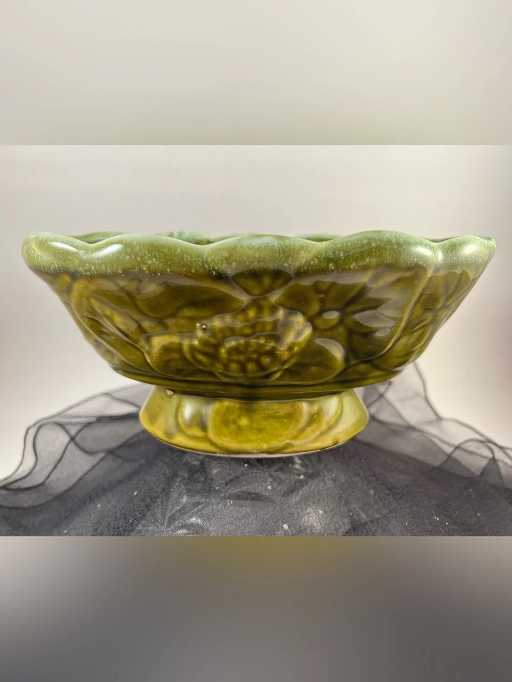 Vintage 1950 Ceramic Art Pottery Green Planter With Spring Floral decoration